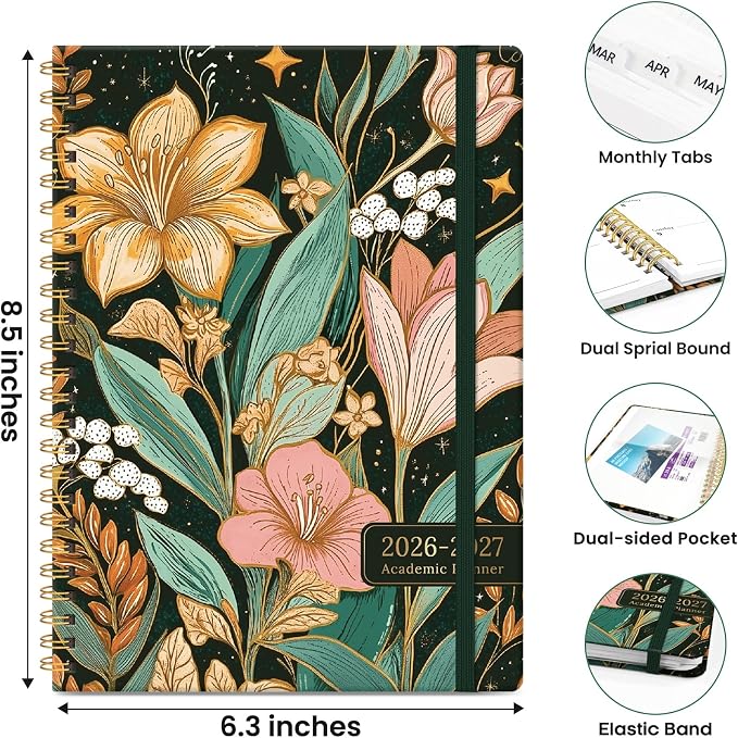ZOTIA Academic Planner 2026-2027, Monthly & Weekly Jul 2026-Jun 2027 | Golden Lilies, 6.3" x 8.5" Calendar Planner for Women, Hardcover Pretty Organizer for Women, School Office Home Supplies