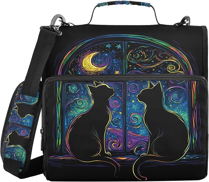 MNSRUU 3 Ring Binder Bag, 2 Inch D-Rings Easily Organizes 1 Inch Fits Letter Sized Paper, Two Black Cats in A Window Large 3 Hole Zipper Binder Organizer for School Office Supplies