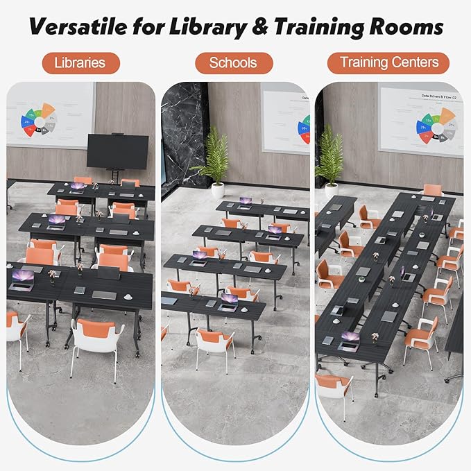 Goakwwuz Conference Room Table, Folding Conference Tables,Thicken Grey Tabletop,Flip Top Wooden Seminar Meeting Room Table for Conference Room Offices (6, BlackWoodGrain, 61.0“)