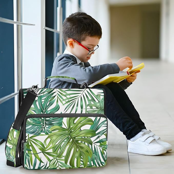 3 Ring Zipper Binder with Shoulder Strap Palm Leaves Tropical Plants Green 2 Inch Zippered Binder Bag 500 Sheet Capacity Multi Pockets for School Supplies