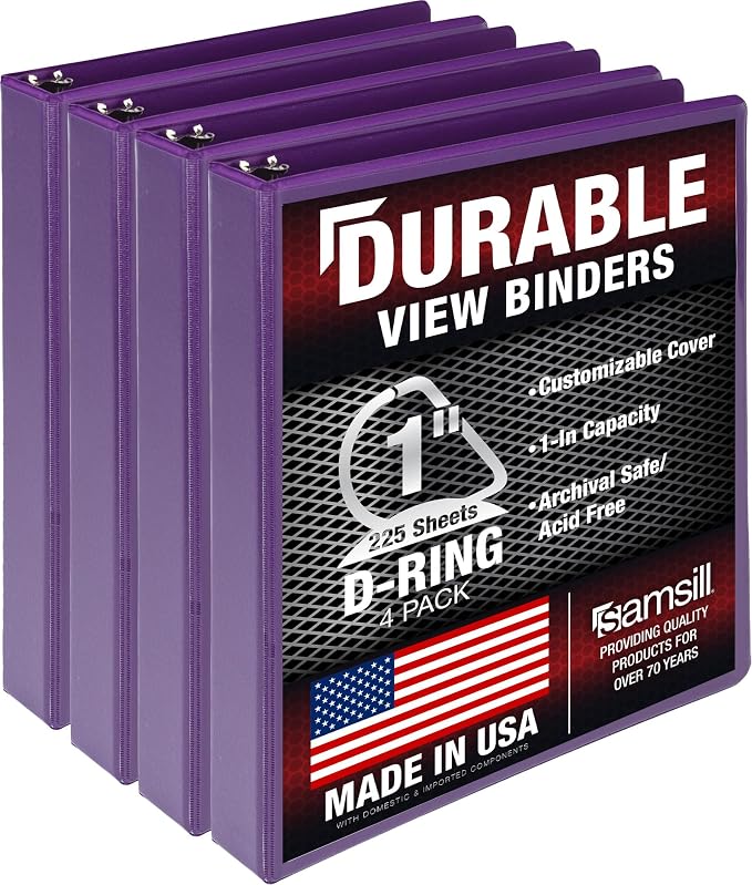 Samsill Durable 1 inch 3 Ring Binder, D Ring Binder, 100% Recycled Chipboard, Purple, 4 Pack