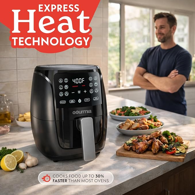 Gourmia Air Fryer - 4 Qt Capacity, FryForce360º, Digital Display with 8 Presets, Roast, Bake, Broil, Dehydrate, Dishwasher Safe Accessories, Compact, Black
