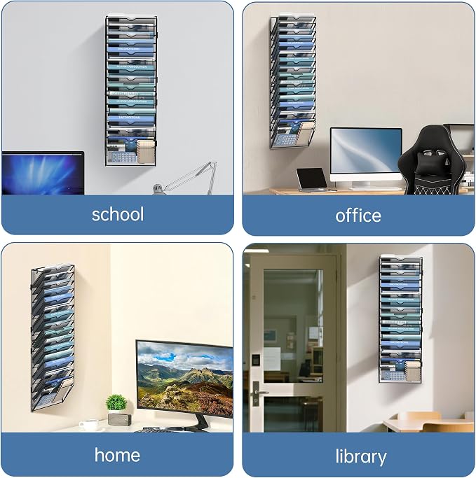 16-Tier Wall File Organizer and Hanging File Organizer, Black | Wall Organizer and Wall Mounted File Holder with 16 Pockets and Label Panels for Files, Mail, Folders, Magazines and Paper