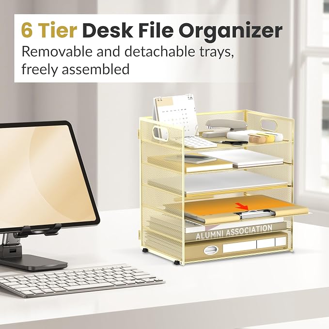 Daltack 6-Tier Paper Organizer for Desk with Handle, Gold, 2 Pack | Sturdy Metal Mesh Organizer with Movable Middle Trays and a Carry Handle for Papers, Folders and Office Supplies