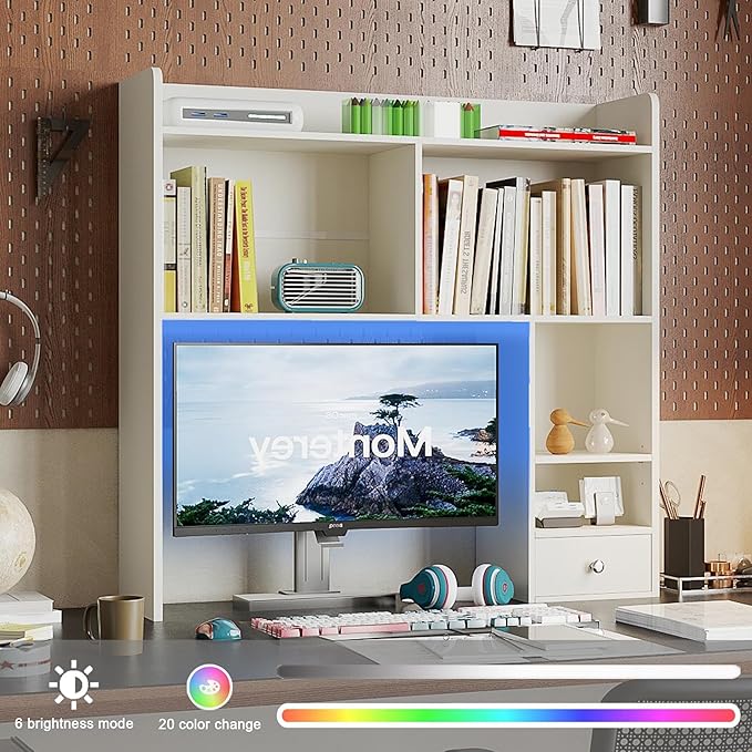 ChooChoo Desktop Bookshelf with Lights and 5 Shelves and 1 Drawer | 36.4" Tall Countertop Desk Hutch, Computer Desk, Desk Shelf Organizer, Dorm Office Home, White