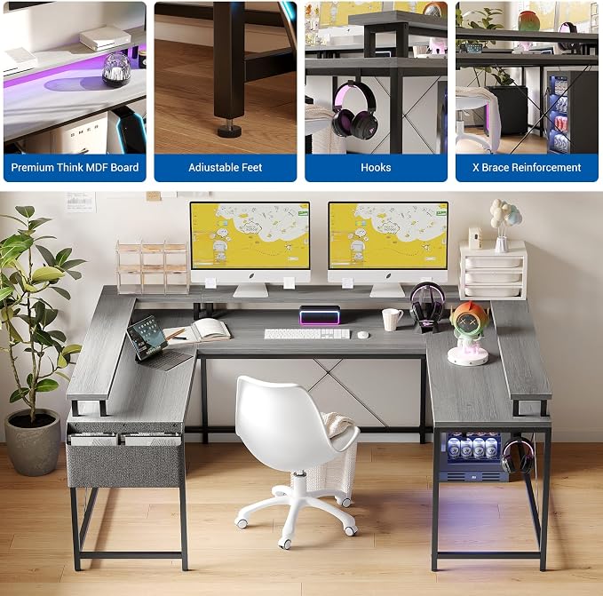 Reversible u Shaped to l Shaped Computer Desk with RGB Lighting & Charging Station, 79 Inch Home Office Workstation with Full Monitor Stand, Heavy Duty Gaming Desk Supporting 600LBS, Multiple Color Op