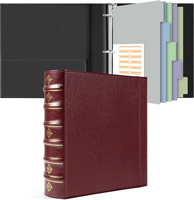 Ospelelf Vintage 3 Ring Binder 2 Inch,Leather D Ring Binder with Pockets and 5 Tab Dividers, Hardback Book Style Document Organizer Fits Letter Size for Home and Office Burgundy