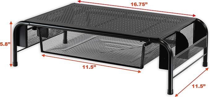 Simple Houseware Metal Desk Monitor Stand Riser w/ Drawer, 2-Pack, Black | Side Storage for Office Supplies