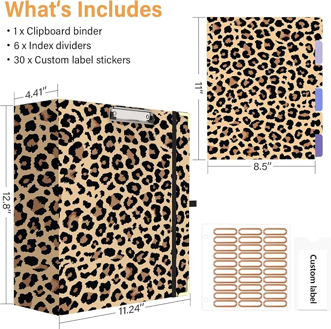 3 Ring Binder 3 Inch Ring, Three Ring Binders for Letter Size 11" x 8.5" with 6-Tab Dividers, 2 Pockets, Binder with Clip for School and Office Supplies-Cheetah Spots