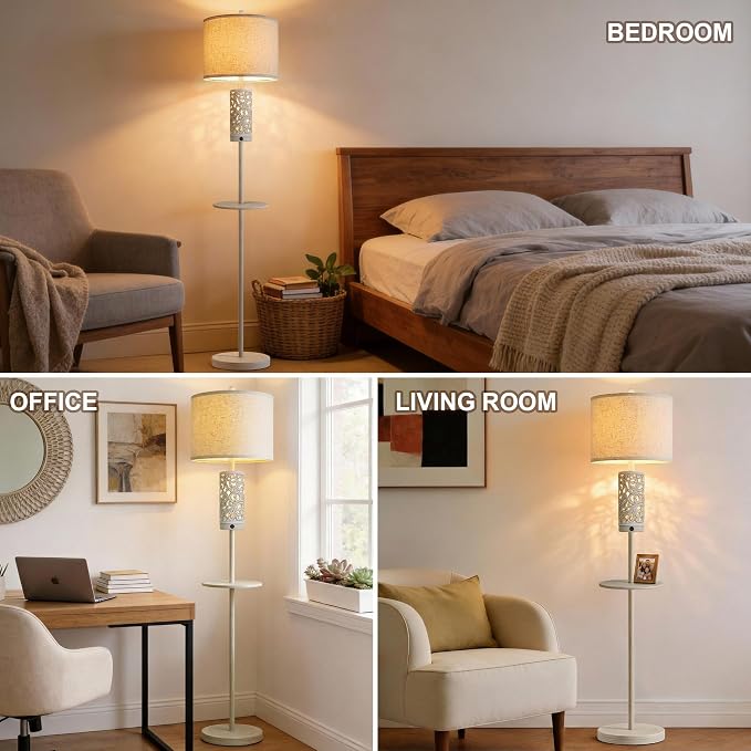 Dimmable Farmhouse Floor Lamp for Living Room, 2-in-1 Rustic Floor Lamp with Main&Night Light,Linen Shade&Dual Switches, 65" Standing Lamp for Bedroom Office Corner Dining Room, Wood Pole Lamp