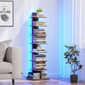 TUTOTAK Book Shelf, Narrow Spine Bookshelf, 8-Tier Bookcase with LED Lights | 10.4 x 13.4 x 47.5 Inches Vertical Freestanding Corner Shelf for Living Room, Office, Small Space, Brown BS06BB008L