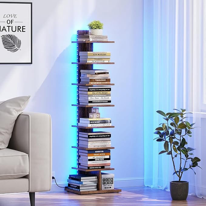 TUTOTAK Book Shelf, Narrow Spine Bookshelf, 8-Tier Bookcase with LED Lights | 10.4 x 13.4 x 47.5 Inches Vertical Freestanding Corner Shelf for Living Room, Office, Small Space, Brown BS06BB008L