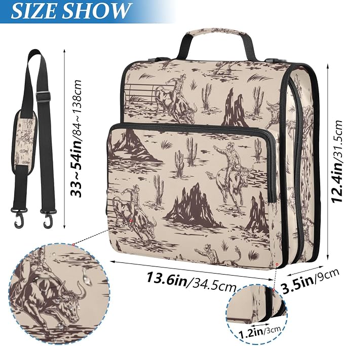 Fisyme Western American Cowboy Zipper Binder 3 Ring with Zipper and Shoulder Strap Large Capacity Multi-Pocket Zipper Binder Organizer