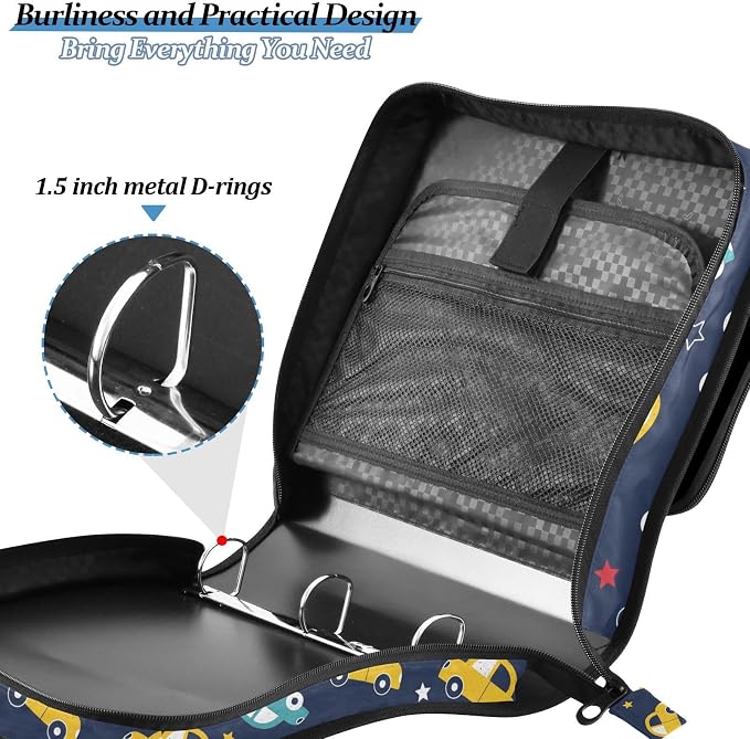 Custom Cars Stars Black Pattern 3 Ring Zipper Binder with Shoulder Strap & Handle 1.5 Inch D-Ring Zippered Bag with Multiple Pocket, Personalized Binder Organizer for School or Office