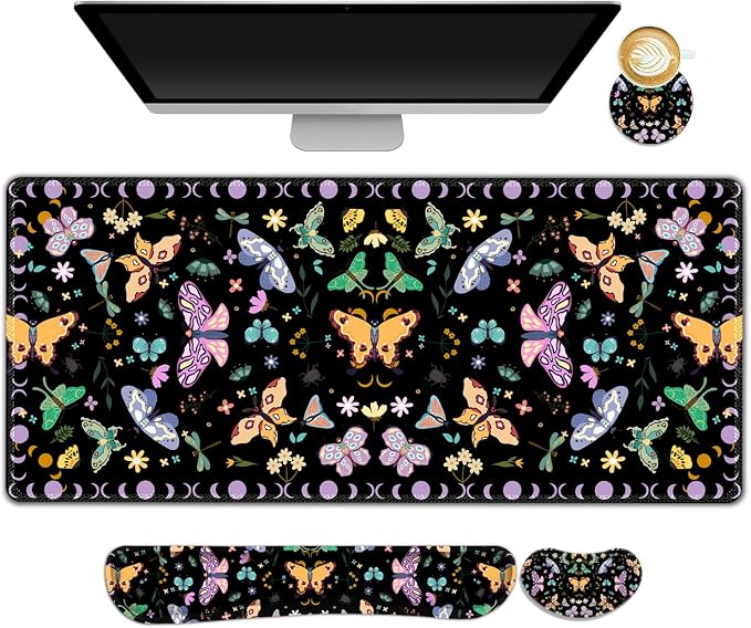 Desk Mat Set, Black Butterfly Extended Gaming Mouse Pad with Wrist Rest Support +Keyboard Wrist Rest +Coaster, Large Cute Mousepad, Easy Typing and Pain Relief
