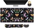 Desk Mat Set, Black Butterfly Extended Gaming Mouse Pad with Wrist Rest Support +Keyboard Wrist Rest +Coaster, Large Cute Mousepad, Easy Typing and Pain Relief