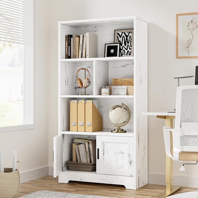 IDEALHOUSE Wood Bookcase with Doors White Bookshelf with LED Lights Modern Storage Rack 3 Shelf Standing Bookshelves Large Display Shelf Unique Book Shelf for Bedroom, Living Room, Home Office