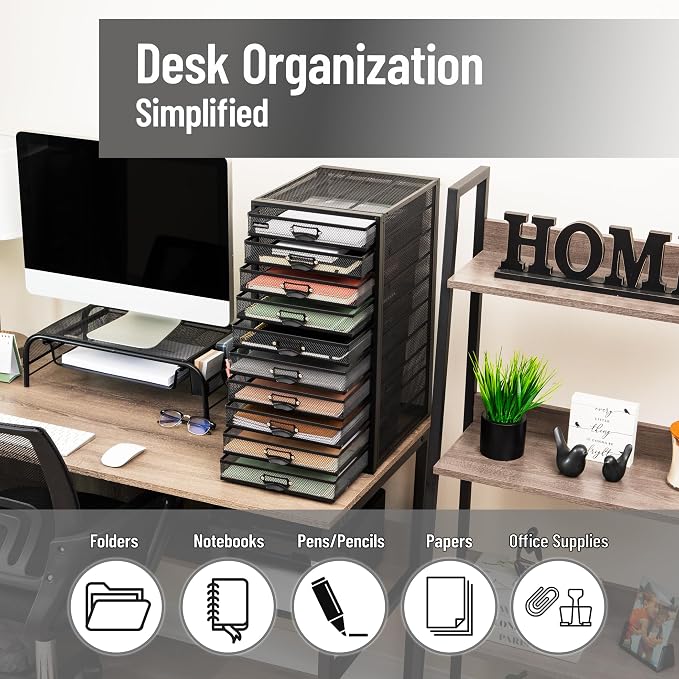 Mind Reader 10-Drawer Desk Organizer for Office Supplies, Crafts, Mail Sorting & More, Metal Mesh, Black