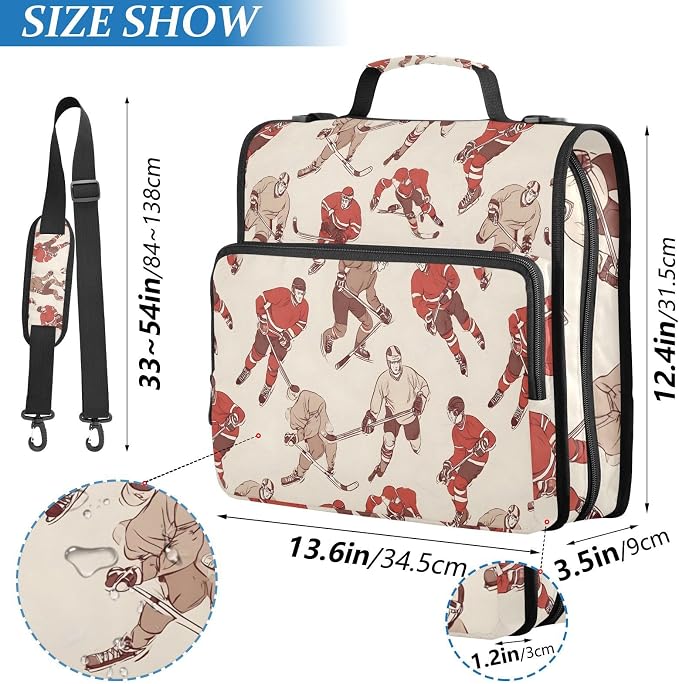 3 Ring Zipper Binder with Shoulder Strap Hockey Players Vintage Sport Ball 1.5 inch Binders Keeper Large Capacity Multi Pockets for School Office Supplies