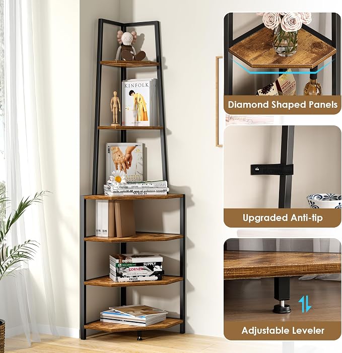 VECELO 6 Tier Corner Shelf 69 Inch Industrial Bookshelf with Metal Frame, Multipurpose Tall Plant Stand with Opening Display Shelves for Living Room, Bedroom, Home Office, Small Space, Brown
