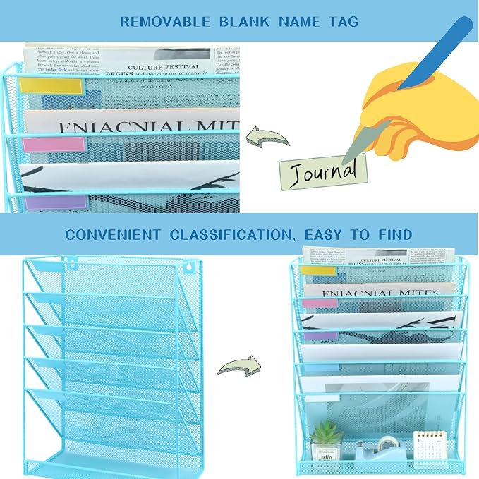5 Pockets Mesh Wall File Holder Organizer with Bottom Flat Tray, Office Hanging File Folder Magazine Rack, Nametag Label Hooks Set Included, Blue