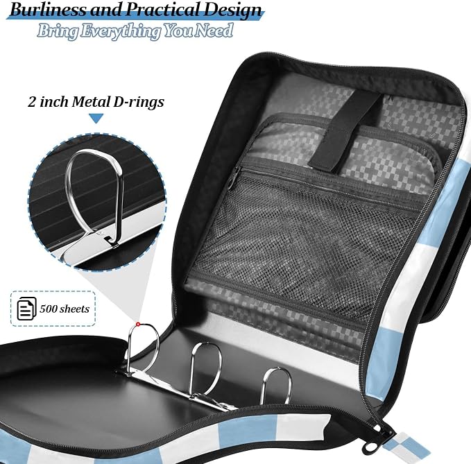 Light Blue White Checkered 3 Ring Zipper Binder with Handle 1.5 inch Binder Organizer, Multi Pockets Office File Folder with Shoulder Strap 500 Sheet Capacity