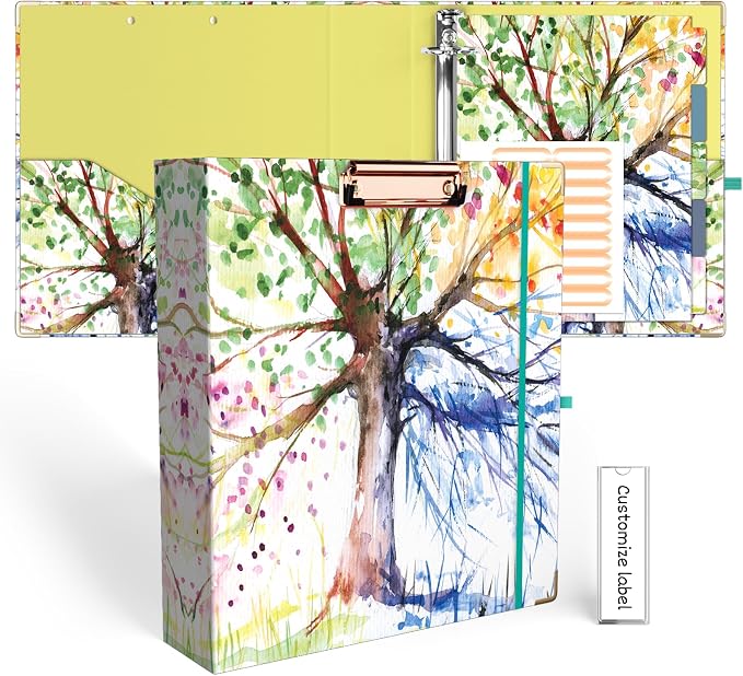 EYROZILL 2 Inch 3 Ring Binders with clipboard for Letter-Size 11" x 8.5" Three Ring Binder with 5-Tab Dividers and File Folder Labels for School Class Office Supplies, Season Tree