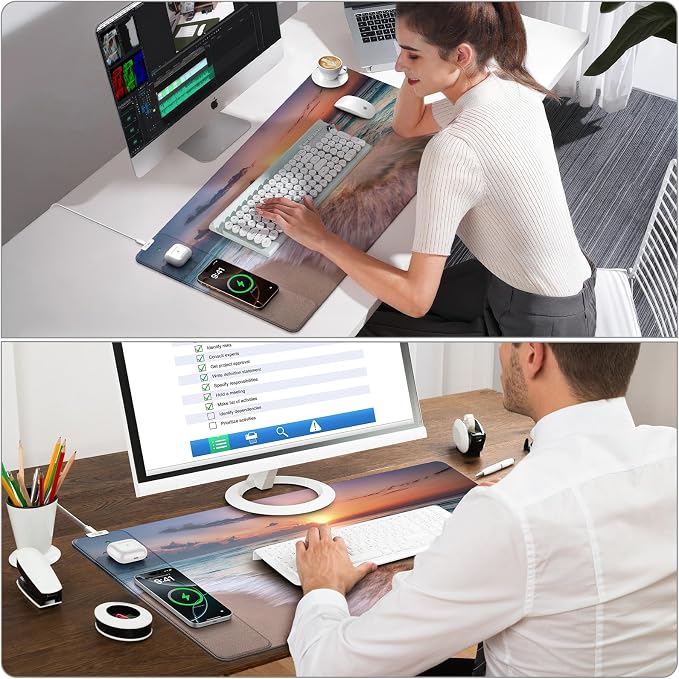 Wireless Charging Mouse Pad, 31.5"x15.8" in, Beach Sunset | Anti-Fray Stitched Edges, Waterproof Premium Textured Surface, Non-Slip Rubber Base, with 20W PD Adapter