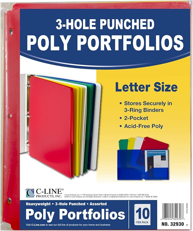 C-Line Two-Pocket Heavyweight Poly Portfolio Folder, 3-Hole Punch, 11 X 8.5, Assorted, 10/Pack