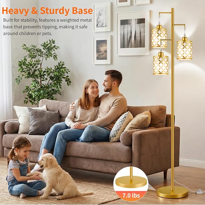 Dimmable Floor Lamp, Farmhouse Standing Lamp with Elegant Metal Cage, Industrial Tall Tree Floor Lamps for Living Room Bedroom Study Office with Remote & 3 x 1100LM 12W LED Bulbs, 72", Gold