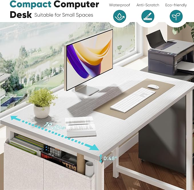 OLIXIS Small Computer Desk, 31 Inch Gaming Desks for Home Office | Writing Study Craft Work Table, Computer Workstation for Bedroom Small Spaces with Storage Bag, All White