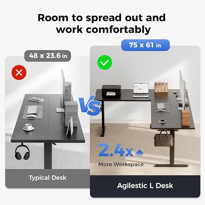 Agilestic 75 x 61 Inch L Shaped Standing Desk with Powerstrip, Black | Outlets, Cable Management, Corner Desk, Ample Workspace, Memory Presets, Hooks, Stable Steel Frame,176 lbs, Splice Board