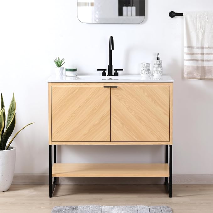 JONATHAN Y Juhl 35" Chevron Freestanding Bathroom Vanity Cabinet, Oak | Modern Minimalist Design, 18" Deep 33" Tall, 2 Soft-Close Doors, Interior And Open Shelves, Sink Not Included