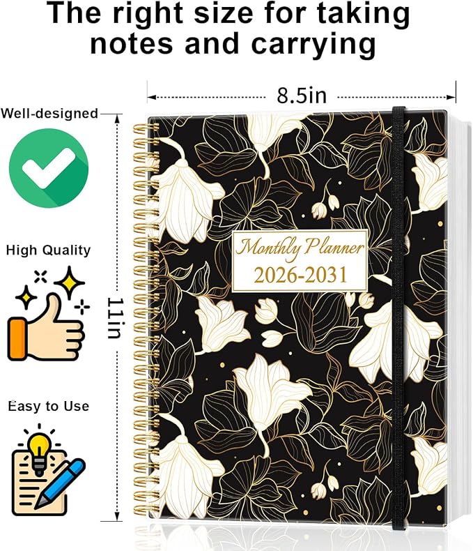 2026-2031 Monthly Planner - 60 Month PLanner Calendar from July 2026 to June 2031, 5 Year Planner 2026-2031 with Flexible Cover, Inner Pocket, Perfect for Home | School | Office, 8.5" x 11", White Gold Flower