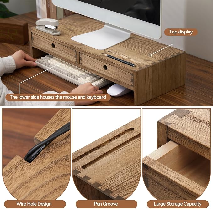KIRIGEN Solid Wood Monitor Stand with 2 Drawers, Desk Riser, Brown PMJ-DBR | Desktop Organizer with Cable Opening and Pen Slots Stores Office Supplies, Supports Up To 50 Lb and Arrives Fully Assembled