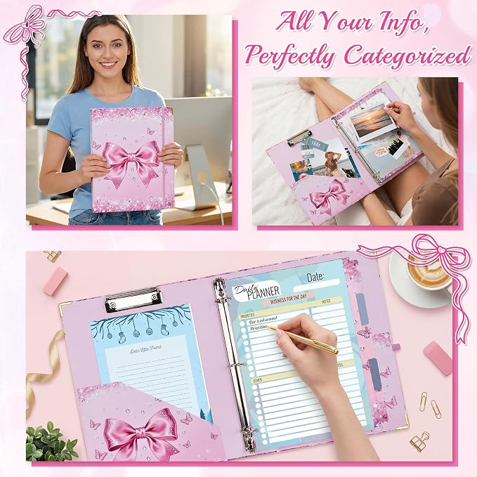 1 Inch 3 Ring Binder with Clipboard, Cute Binder Pink Bow Design, Holds 200 Sheets A4 Letter, Inside Pockets & 5 Tab Dividers, Pretty Classic Pink Binder for School Office Supplies(Pink Diamond Bow)