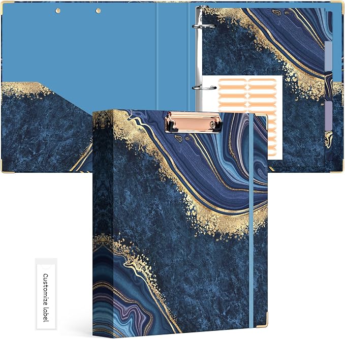 Ospelelf 3 Ring Binder, 1.5 Inch, Letter Size (11" x 8.5") with 5 Tab Dividers, File Folder Labels and Low Profile Clipboards, Blue Marble Binder for School and Office Supplies