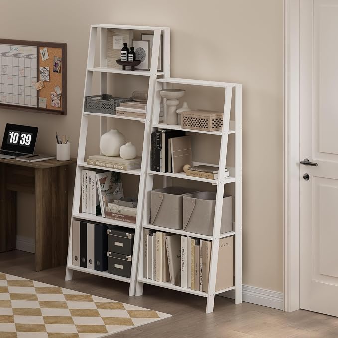 Furinno Ladder 6-Tier Book Shelf, Open Frame Ladder Shelf, White | 14.8 x 23.6 x 66.2, Bookcase, Standing Display Storage Shelves, Storage Rack, for Organization, Living Room, Home Office