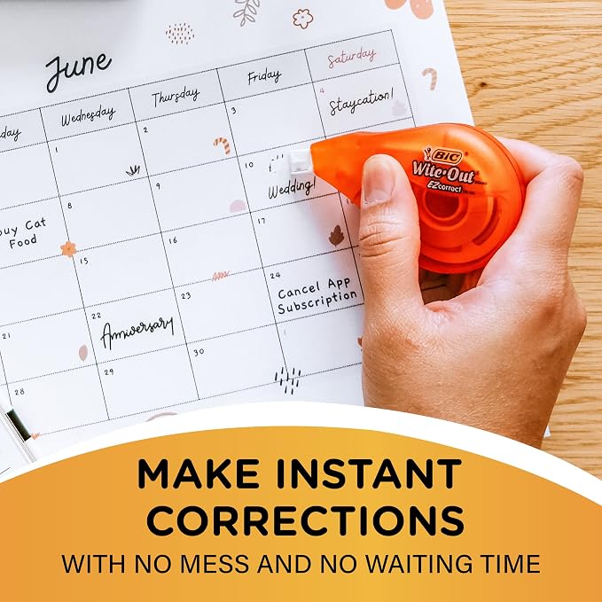 BIC Wite-Out Brand EZ Correct Correction Tape, White, Fast, Clean & Easy To Use, Tear-Resistant Tape, 6-Count