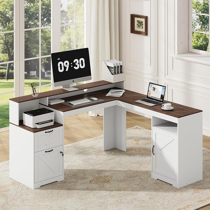 MALOL 63" Farmhouse L Shaped Executive Desk, Corner Computer Desk with Drawers & Storage Shelf, Home Office Desk with Power Outlet, Monitor Stand, Wood Grain Desktop, White & Rustic Brown