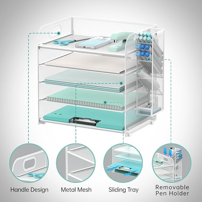 5-Tier Paper Organizer for Desk with Pen Holders, Letter Trays, White | Metal Mesh Desktop File Organizer with Removable Trays and 2 Handles for Paper, Files, Mail, Folders in Office Home or School