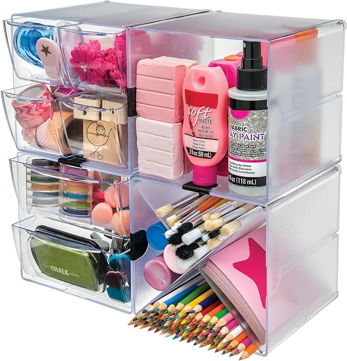 Deflecto Stackable Cube Organizer, Desk and Craft Organizer, 4 Drawers, Clear, Removable Drawers and Dividers, 6"W x 6"H x 7 1/8"D (350301CR)
