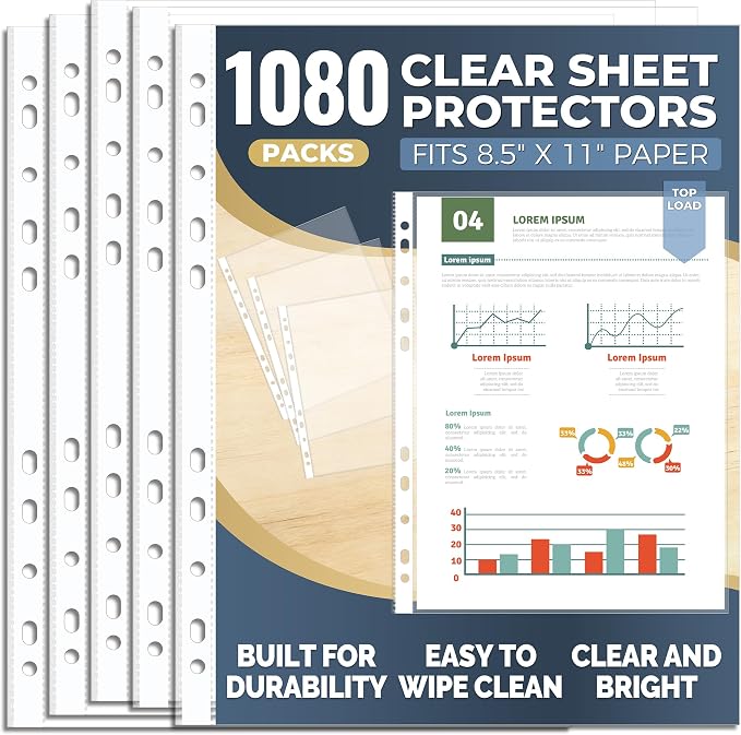 1080 Pack Clear Sheet Protectors 8.5 x 11 Inch, Plastic Page Sleeves for 3 Ring Binder, Transparent Letter-Size Document Covers, Top Loading, for Paper Documents, Home, School and Office Use