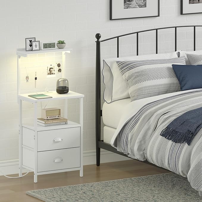 sthmec Tall Nightstands with Charging Station, LED Night Stand Bedsides with 2 PU Finish Fabric Drawers,Hooks,USB Port and Oepn Storage Shelves,Tall End Table Bedside for Bedroom,Office, White