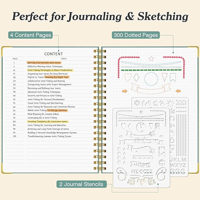 Bullet Dotted Journal Spiral Notebook, 300 Pages Leather Notebooks with Contens, 120 GSM Thick No Bleed Through Paper Journals, A4 Large Dot Grid Notebook for Women Men Work Writing, 8.5" x 11", Green