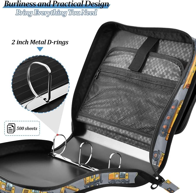 Fisyme Construction Excavator Trucks Zipper Binder 3 Ring with Zipper and Shoulder Strap Large Capacity Multi-Pocket Binder Organizer