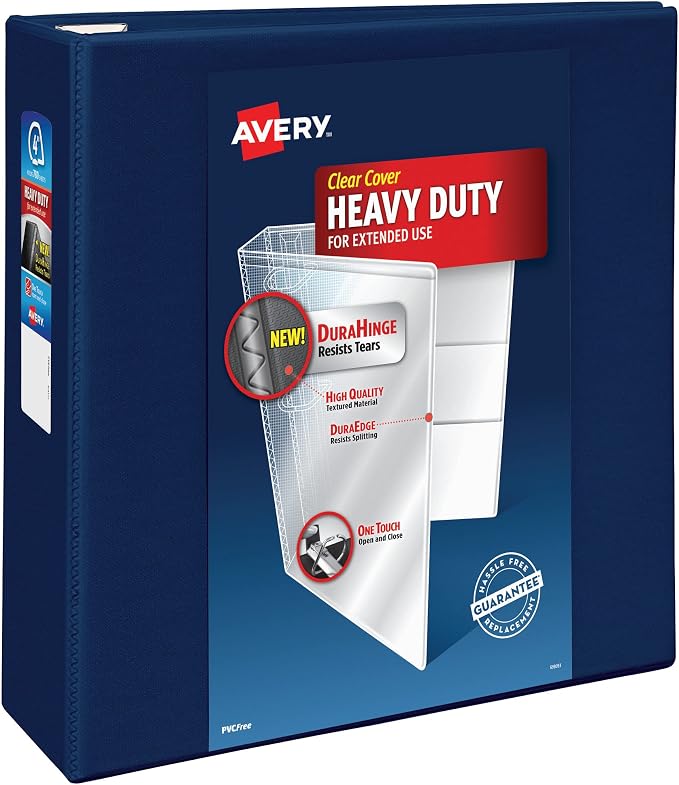 Avery Heavy-Duty 3 Ring Binder, 4" EZD Rings, 1 Navy Blue Binder | For Heavy School, Home and Office Use, DuraHinge Tear-Resistant Spine, DuraEdge Split-Resistant Sides, Clear View Pockets