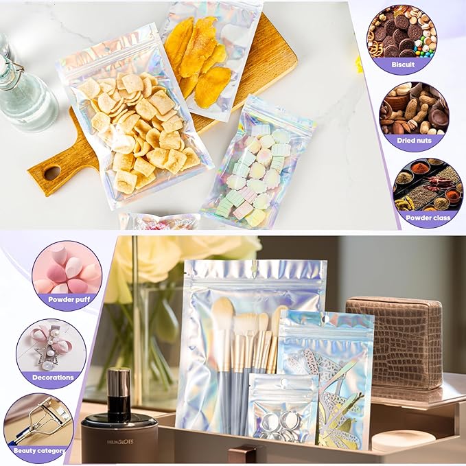 100Pcs Holographic Resealable Bags, 4x6 inch Packaging Foil Pouch ，Motomy Mylar Food Storage Bag Great for Small Business and Party Favor……