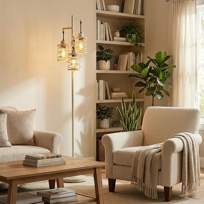 70" Industrial Floor Lamp, Stepless Dimmable Standing Lamp with 3 Bulbs, Farmhouse Corner Standing Tree Lamp for Living Room, Tall Lamps for Bedroom, Office, Dining Room, Antique Beige White