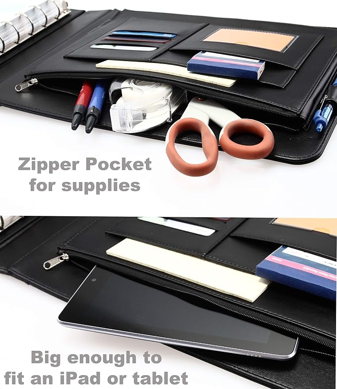2Fold Business Check Binder 7 Ring for 3-Up Business Size Checks with Extra Business Card Case - PU Leather Deluxe 7 Ring Checkbook Binder Portfolio with 600 Check Capacity and Storage